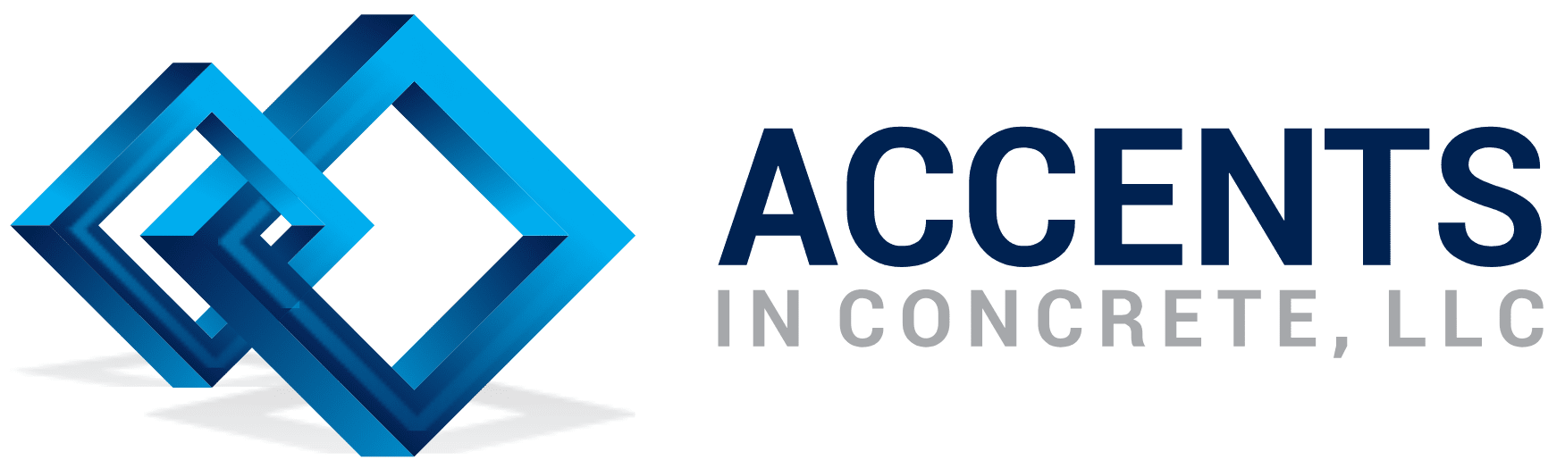 Logo of accents in concrete, llc featuring a stylized blue double diamond shape with the company name to the right.
